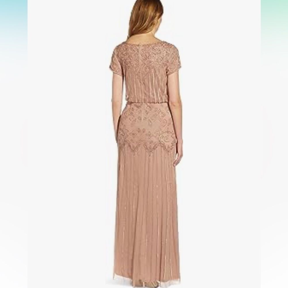 Adrianna Papell Boat Neck embellished mesh blouson tan evening formal dress sz 6 - Picture 2 of 10
